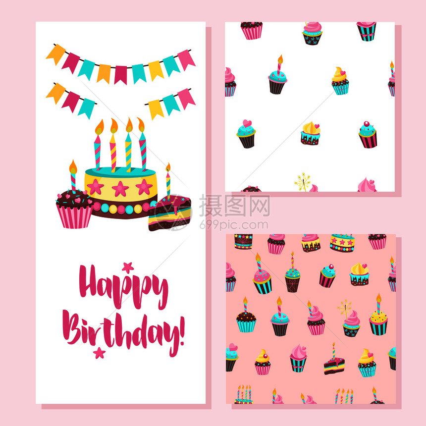 生日快乐贺卡两个无缝的图案可爱的生日蛋糕蜡烛用于纺品纸张上的印刷包装礼物糖果装饰个趣的假期图片
