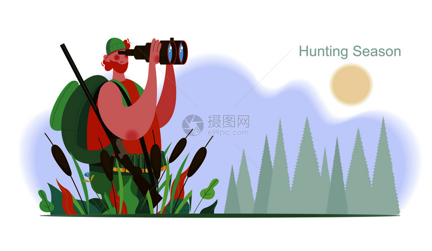 猎人着背包看着望远镜狩猎季节森林景观中的猎人矢量插图狩猎季节带望远镜的猎人矢量插图图片