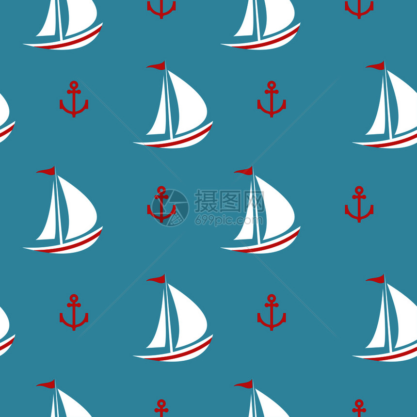 无缝夏季模式蓝色背景上白色帆的游艇小红锚卡通可爱的风格矢量插图暑期背景用于纸张纺品上的印刷夏季无图片