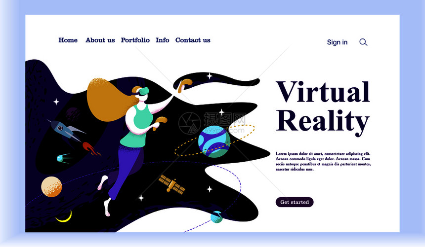 VR的网页虚拟现实与个女孩VR眼镜与想象的宇宙互动矢量插图VR的网页网络飞行的女人图片