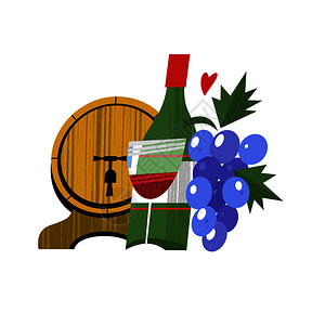 撸个串瓶酒,串葡萄个酒桶白色背景上的矢量插图葡萄酒葡萄老式手绘明信片,矢量插图插画