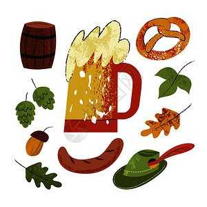 啤酒节套传统的啤酒节项目啤酒,香肠,椒盐卷饼,啤酒花,泰勒帽白色背景上隔离矢量手绘插图啤酒节啤酒派德插画