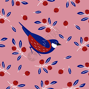 鸟,花,叶浆果的无缝图案粉红色背景上的鸟雀矢量插图与鸟类花叶浆果的无缝图案矢量插图图片
