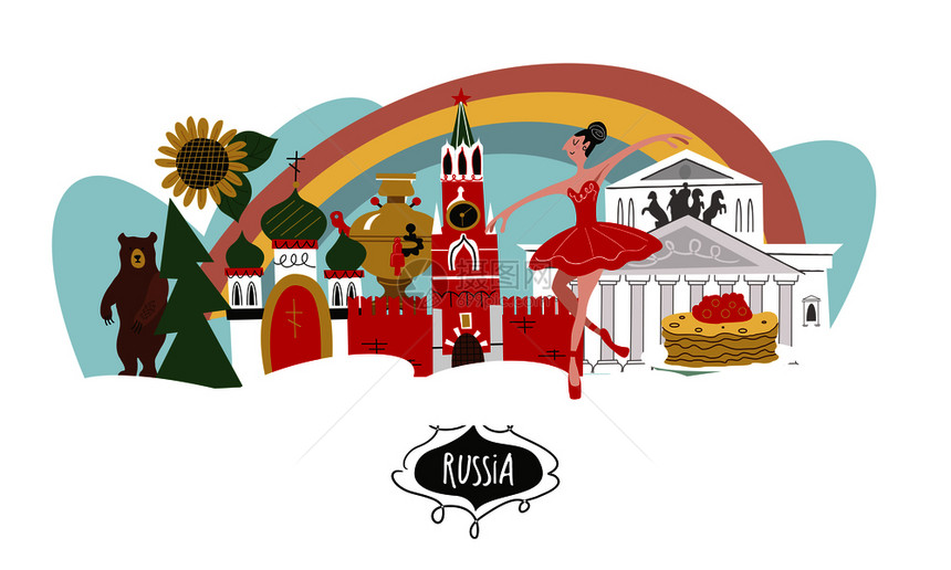 俄罗斯向量元素集俄罗斯的风景传统文化艺术俄罗斯的象征手绘插图俄罗斯俄罗斯的景色的象征矢量插图图片