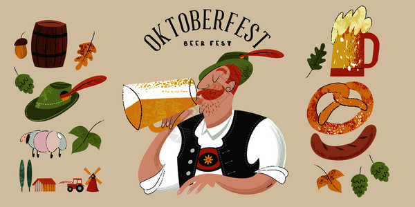 啤酒节德国啤酒节矢量平插图与纹理个戴着泰勒帽子的人喝啤酒啤酒节,啤酒节德国民族服装中的人物喝大杯子里的啤酒插画