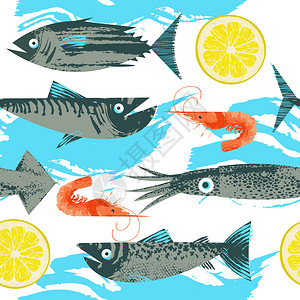 海鲜图案无缝图案海鲜的矢量插图各种鱼,鱿鱼,虾柠檬片插图与独特的矢量手绘纹理无缝图案海鲜的矢量插图各种鱼插画