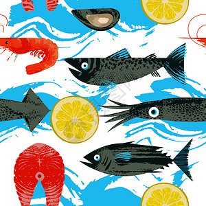 无缝图案海鲜的矢量插图各种鱼,鱿鱼,虾柠檬片插图与独特的矢量手绘纹理无缝图案海鲜的矢量插图各种鱼背景图片