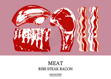 新鲜的肉套新鲜肉制品矢量插图主菜,排骨,培根平插图与手绘纹理套新鲜肉类产品矢量插图主菜,培背景图片