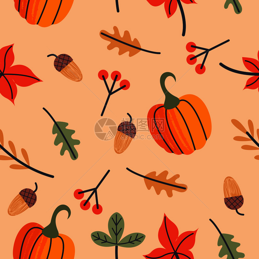 感恩节的无缝图案祝贺的秋天的叶子,橙色的南瓜,浆果橡子矢量插图无缝秋季图案秋天的叶子,浆果图片