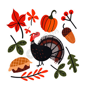 感恩节火鸡元素感恩节矢量元素的收集欢快的火鸡,秋叶,橙色南瓜,浆果橡子,节日蛋糕白色背景上的矢量插图感恩节物品火鸡,插画
