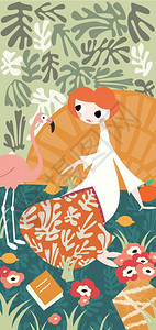 女孩与火烈鸟亨利马蒂斯灵感装饰,矢量插图图片