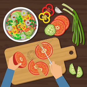 切板和红洋葱顶级景观烹饪切沙拉矢量插画