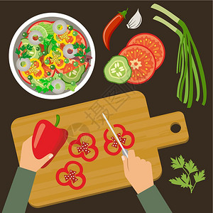 桌子素食主义者顶级景观烹饪蔬菜沙拉的矢量插图插画