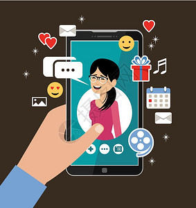 手持电话与妇女的个人资料线约会社交网络虚拟的爱矢量插图图片