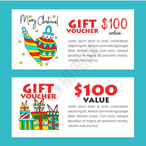 套矢量模板礼品券诞节新的折扣矢量插图带礼物诞树装饰品的彩色盒子图片