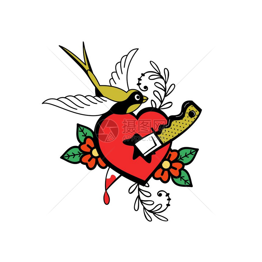 爱的象征鸟心用刀刺穿复古风格的矢量插图白色背景上隔离情人节图片