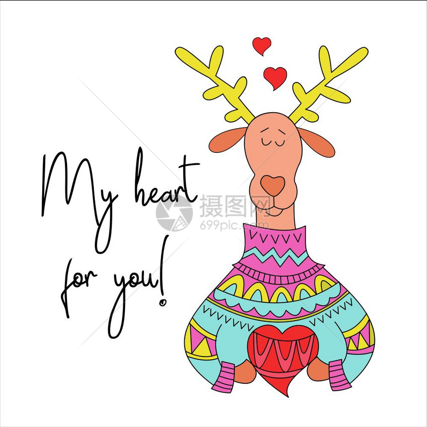 的心为你情人节矢量手绘贺卡鹿穿着五颜六色的针毛衣,抱着颗心图片