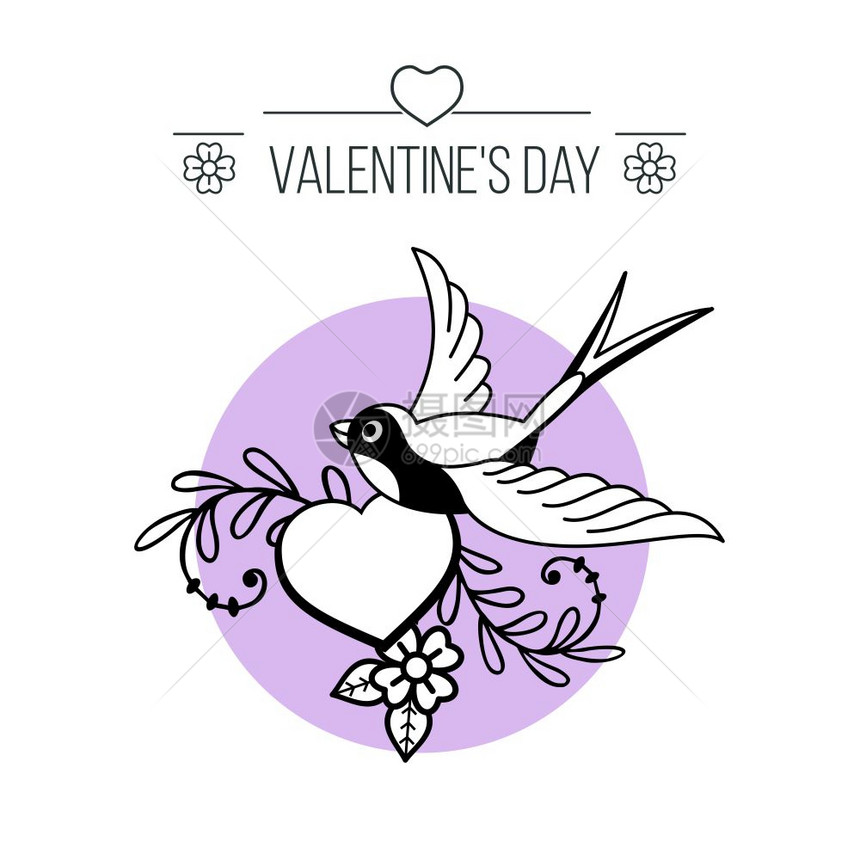 爱的象征祝贺情人节,婚礼当天花饰中的心鸟矢量插图图片