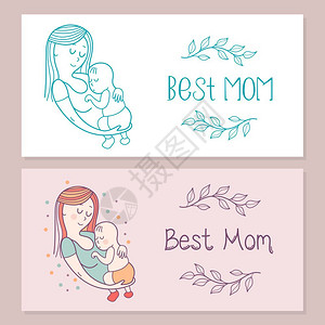 线卡片贺卡母亲日最好的妈妈个漂亮的母亲抱着可爱的孩子线插图矢量章花的图案插画
