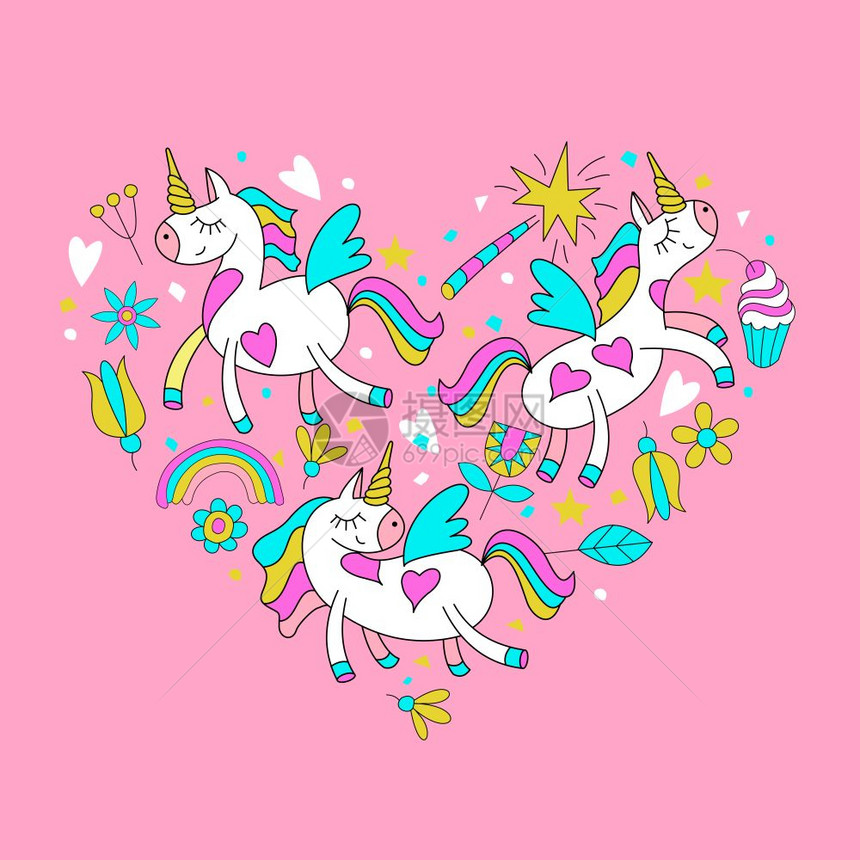 贺卡快乐情人节可爱的神奇独角兽,花,蛋糕,魔杖,星星,彩虹向量剪辑心脏的形状图片