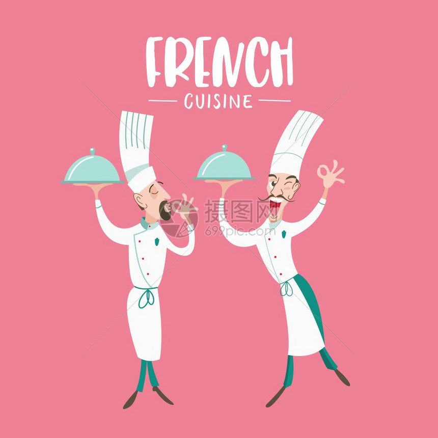法国菜带着菜的欢快的厨师矢量插图厨师了个手势,表示这道菜多么美味图片