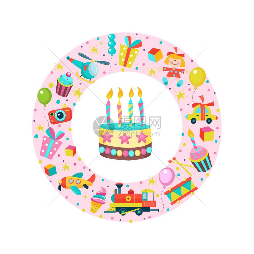 生日快乐贺卡向圆的向量剪辑集玩具,礼物,带蜡烛的蛋糕,纸屑图片