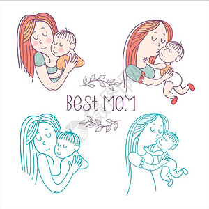 母亲她的孩子线向量插图幸福的母亲童的标志幸福的家庭图片