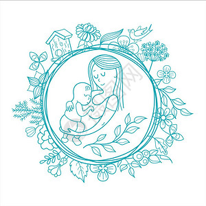 母亲她的孩子线向量插图草药花的花环幸福的母亲童的标志幸福的家庭图片