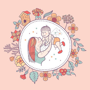 鸟向量母亲她的孩子线向量插图草药花的花环幸福的母亲童的标志幸福的家庭插画