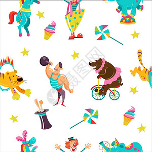 与马戏表演者的矢量无缝图案马戏的动物,小丑,大象,骑自行车的熊,大个子,老虎跳过圈火用于打印物纸张壁纸上的插画