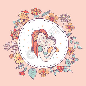 鸟向量母亲她的孩子线向量插图草药花的花环幸福的母亲童的标志幸福的家庭插画