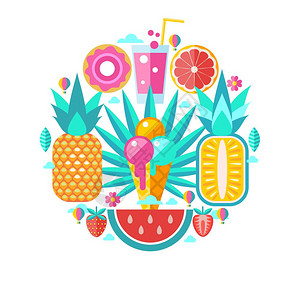 菠萝冰你好,夏天矢量插图套以暑期度假海上度假水果为的剪贴画插画