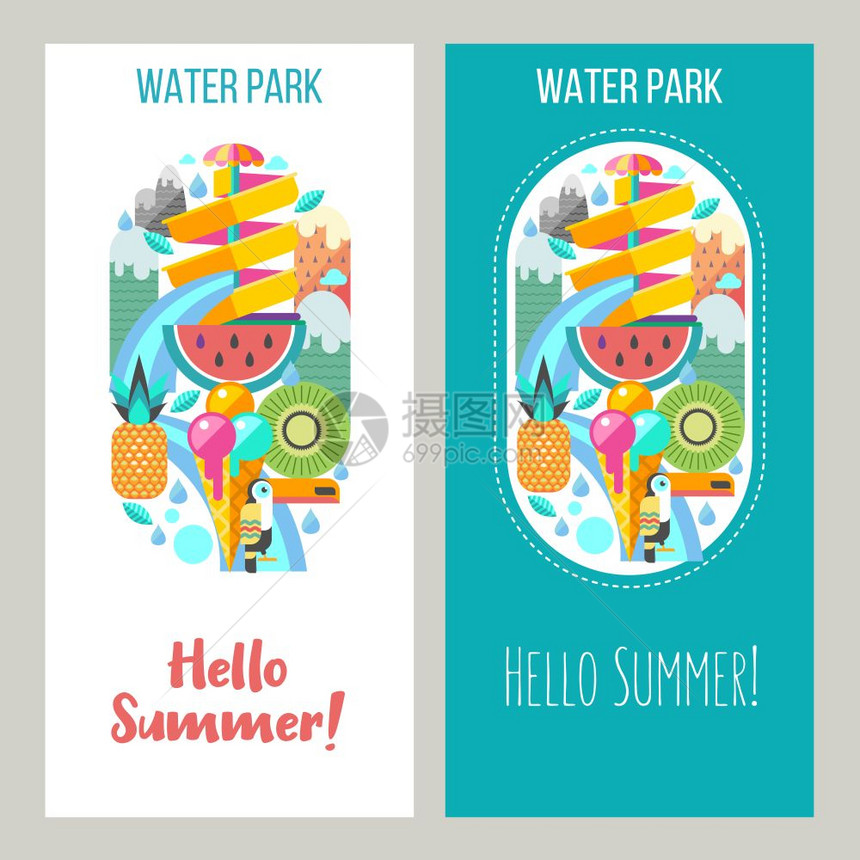 你好,夏天暑假矢量插图水上公园,水上滑梯山体景观背景上巨嘴鸟,西瓜,猕猴桃,菠萝冰淇淋平风格的剪贴图片