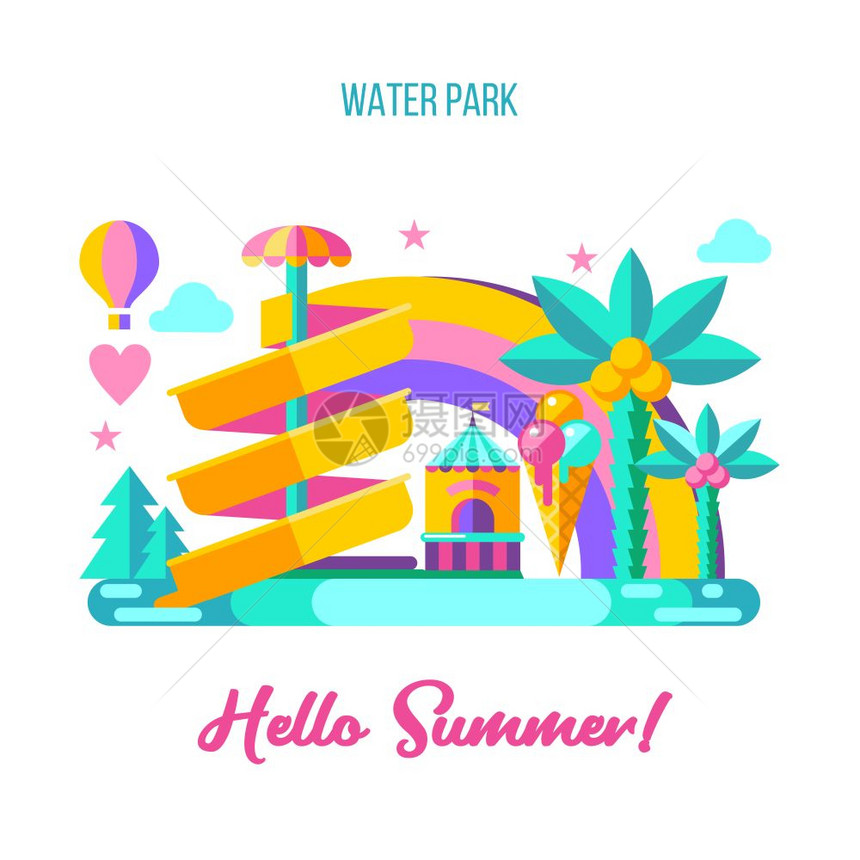 你好,夏天矢量插图水上公园,彩虹背景上的水上滑梯暑假冰淇淋,气球棕榈树图片