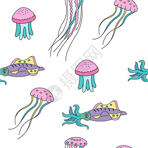 海洋生物的无缝模式水母鱿鱼矢量插图背景图片
