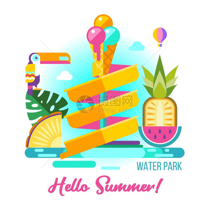 你好,夏天矢量插图水上公园,水上滑梯,巨嘴鸟,西瓜,菠萝冰淇淋平风格的剪贴画图片