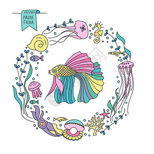海洋生物,鱼,藻类,水母,鱿鱼,海马矢量插图排列个圆圈中图片