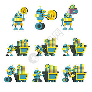 银行机器人比特币采矿个可爱的机器人带着辆带比特币的采矿手推车矢量插图比特币挖矿图标集插画