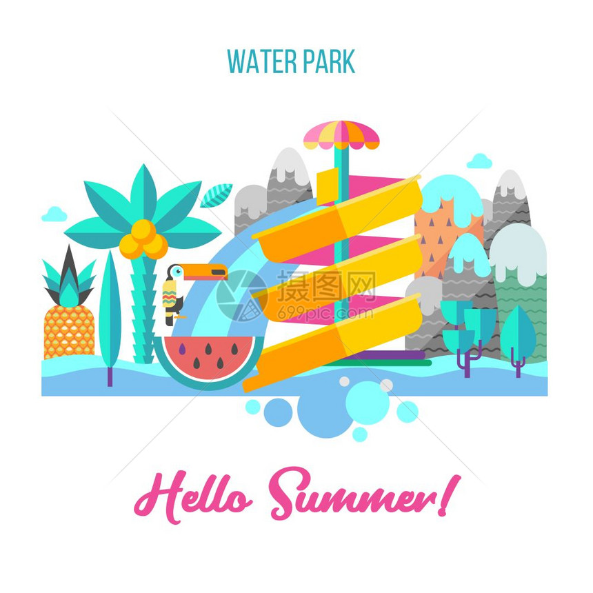 你好,夏天矢量插图水山区景观的背景上滑动暑假棕榈树异国水果图片