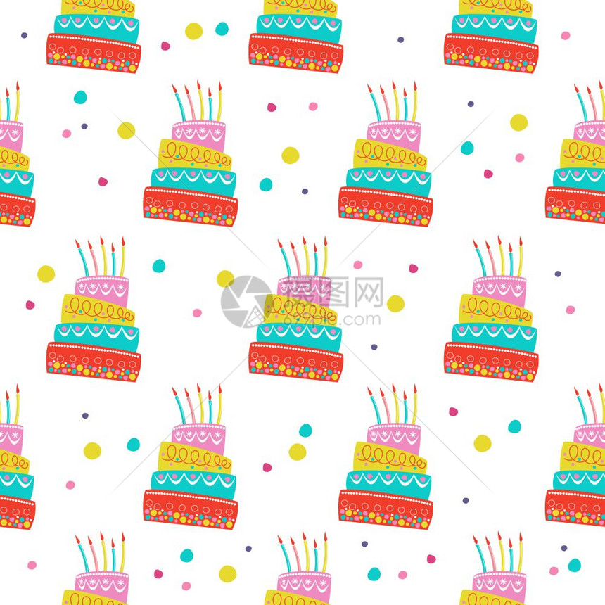 无缝图案带蜡烛的漂亮生日蛋糕为了普林无缝图案带蜡烛的漂亮生日蛋糕用于纺品纸张上的印刷生日礼物包装图片