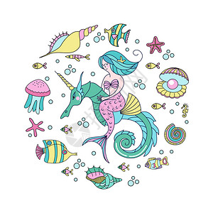 有故事贝壳美人鱼,神话生物美人鱼骑着匹海马苏尔美人鱼,神话生物美人鱼骑着匹海马被海鱼贝壳水母包围矢量插图插画