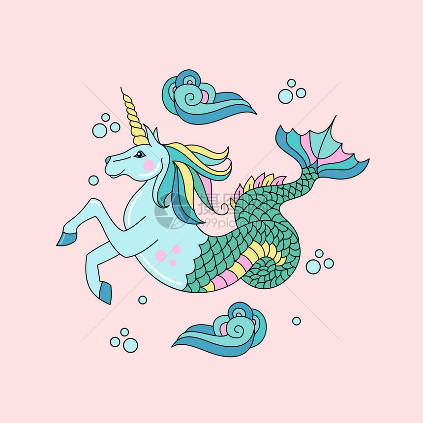 神话生物海独角兽角角的马神话生物海独角兽角鱼尾的马矢量插图图片