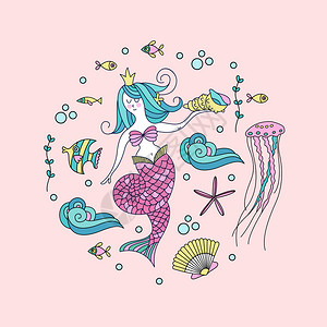 有故事贝壳美人鱼,神话生物被海鱼贝壳包围,神话生物被海鱼贝壳水母包围矢量插图白色背景上隔离插画
