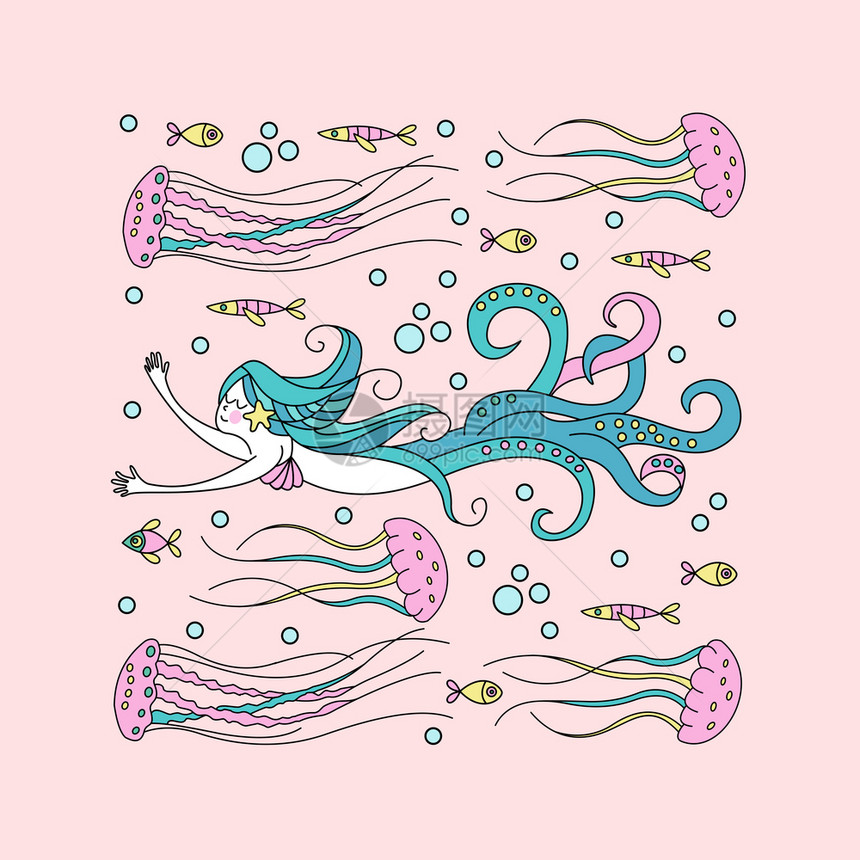 神话生物海仙子章鱼触手的美人鱼神话生物海仙子章鱼触手的美人鱼被水母鱼包围着矢量插图图片