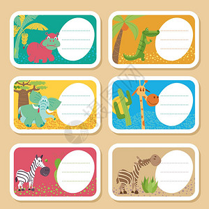 非洲卡通动物非洲非洲卡通动物套同动物的可爱标签斑马,大象,河马,鳄鱼,长颈鹿图片