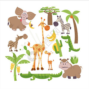 尼莫非洲卡通动物非洲非洲卡通动物套可爱的非洲剪贴画动植物长颈鹿,大象,手掌,河马,鳄鱼,香蕉,仙人掌,猴包树插画