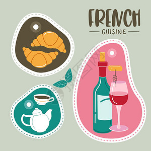 传统的葡萄酒法国菜菜单套法国菜糕点法国菜套带法国菜肴的标签矢量插图插画