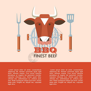 烤全牛烧烤矢量插图优质烧烤矢量章,标志牛的头厨师的叉子铲子,烤架最好的牛肉插画