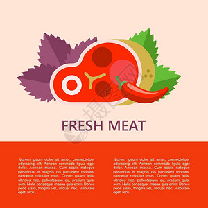 羔羊肉新鲜的肉大牛排,罗勒叶,辣椒带文本的矢量插图插画
