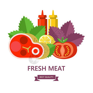 新鲜的肉大牛排,柠檬,罗勒叶,番茄,番茄酱芥末矢量插图图片